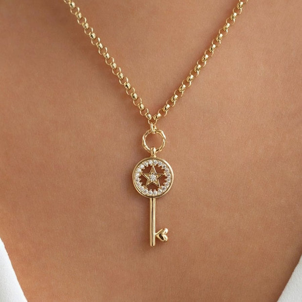 gold necklace, 14k gold necklace, necklace, 14k Gold Star Key Necklace