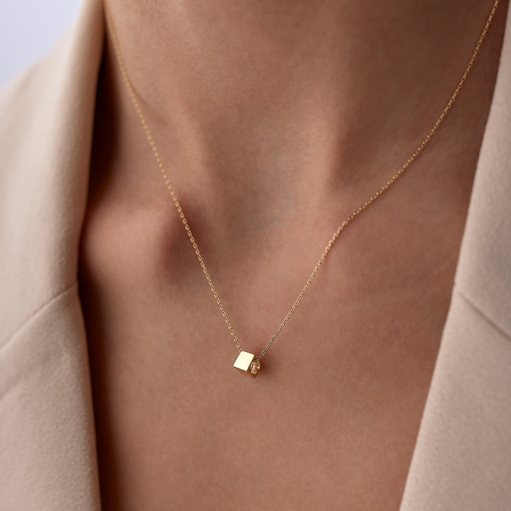 gold necklace, 14k gold necklace, necklace, 14k Gold Cube Necklace
