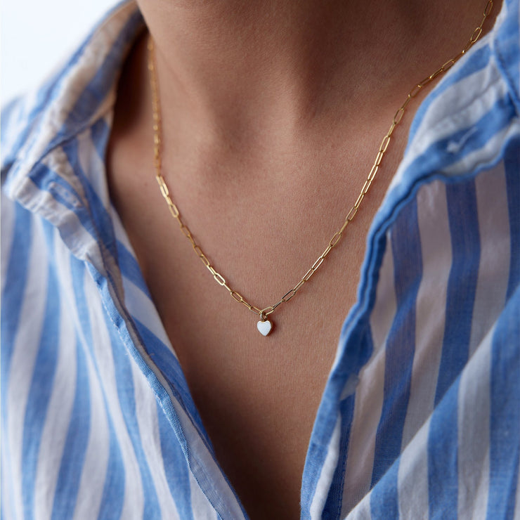 14k Gold Paperclip Chain Heart Charm Necklace