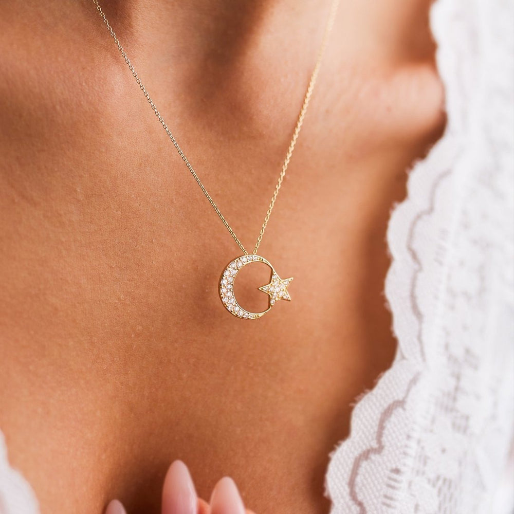 gold necklace, 14k gold necklace, necklace, 14k Gold  Crescent Star Necklace