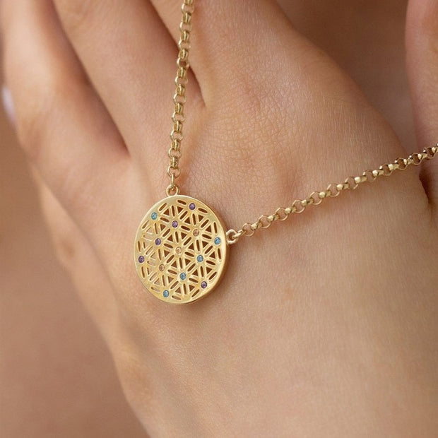 gold necklace, 14k gold necklace, necklace, 14k Gold Colorful Flower of Life Necklace