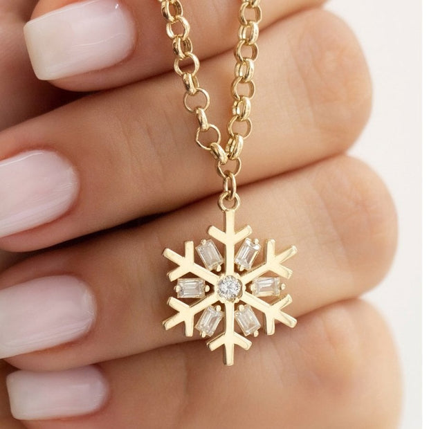gold necklace, 14k gold necklace, necklace, 14k Gold Baguette Snowflake Necklace