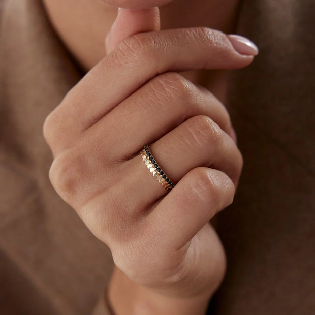 14k Gold Row of Hearts with Black Ring
