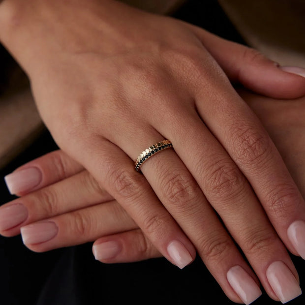 14k Gold Row of Hearts with Black Ring