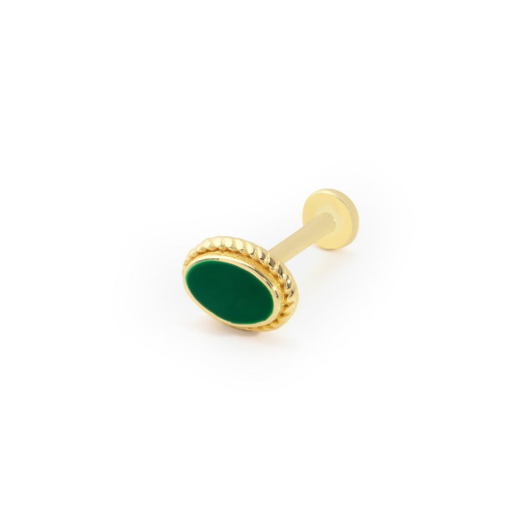 14k Gold Green Enamel Tragus Piercing with Oval Shape Processing Detail