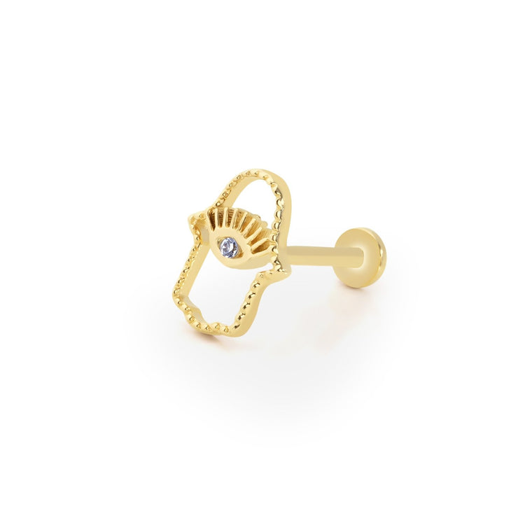 14k Gold Eye Model Tragus Piercing in Fatma's Hand
