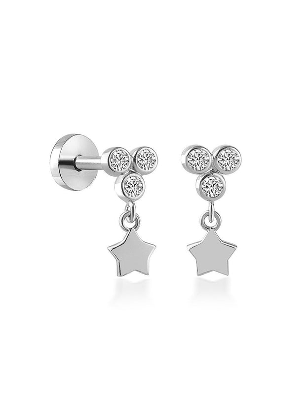 14k Gold Star Tragus Piercing with Three Ball Stones