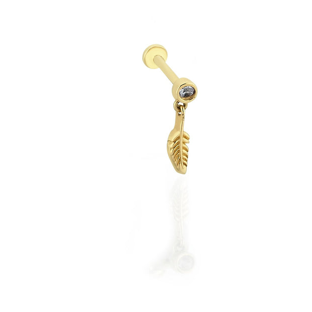 14k Gold Feather Tragus Piercing on Solitaire Tip