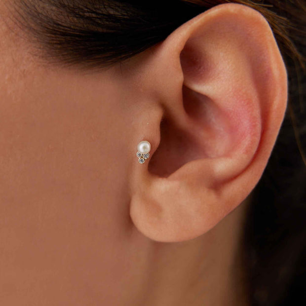 14k Gold Three Stone Pearl Tragus Piercing