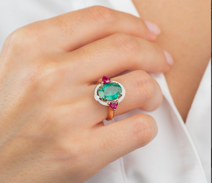 diamond ring, 3.3ct emerald and ruby ring