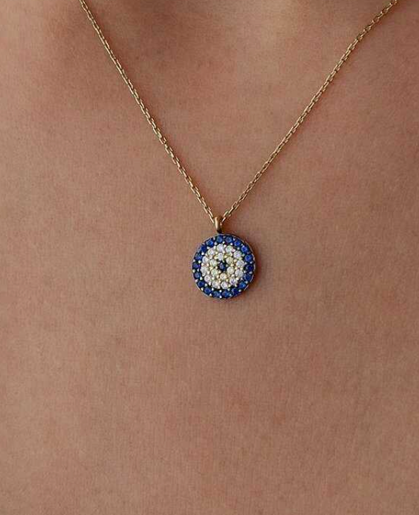 Evil Eye Necklace with Pave CZ - 14k Solid Gold