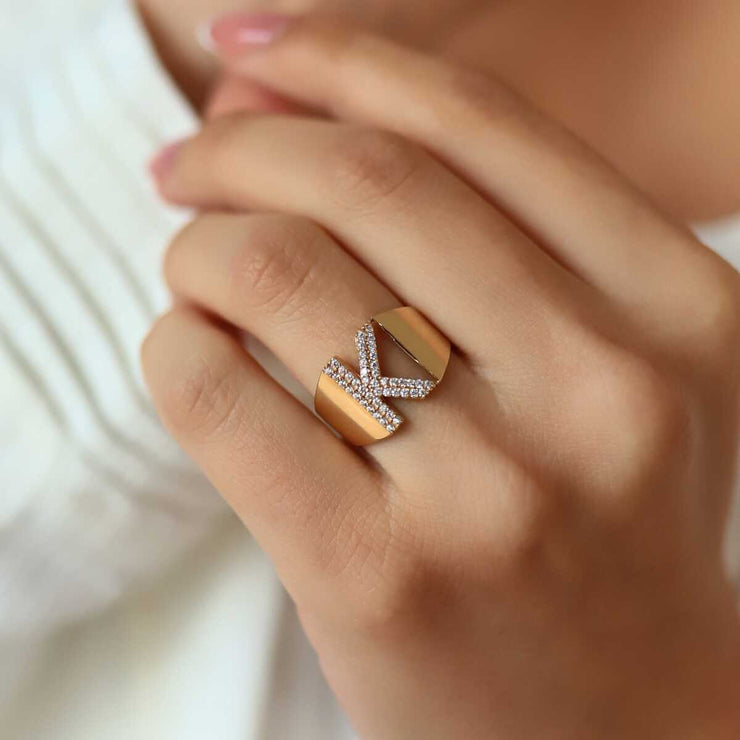 Stone Letter Ring - Solid 14k Gold Ring