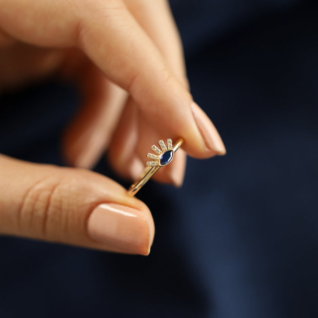 14k Gold Blue Topaz Eyelash Ring