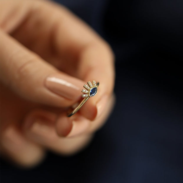 14k Gold Blue Topaz Eyelash Ring