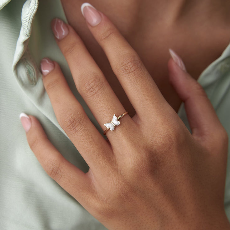 14k Gold White Enamel Butterfly Ring