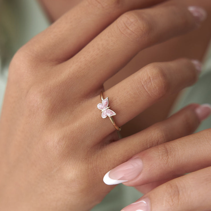 14k Gold Pink Enamel Butterfly Ring