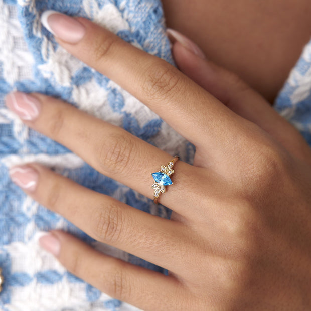 14k Gold Aquamarine Blue Leaf Ring