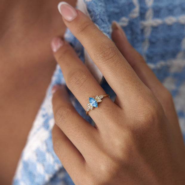 14k Gold Aquamarine Blue Leaf Ring