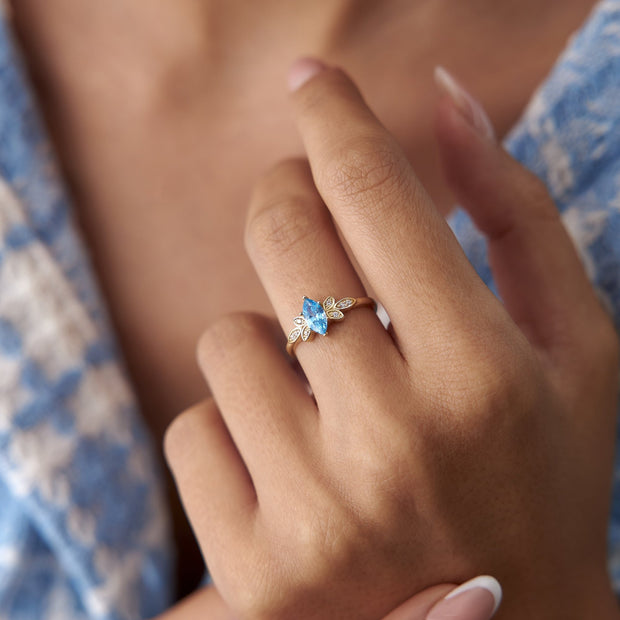 14k Gold Aquamarine Blue Leaf Ring