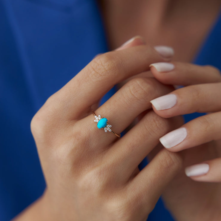 14k Gold Turquoise Stone Lotus Ring