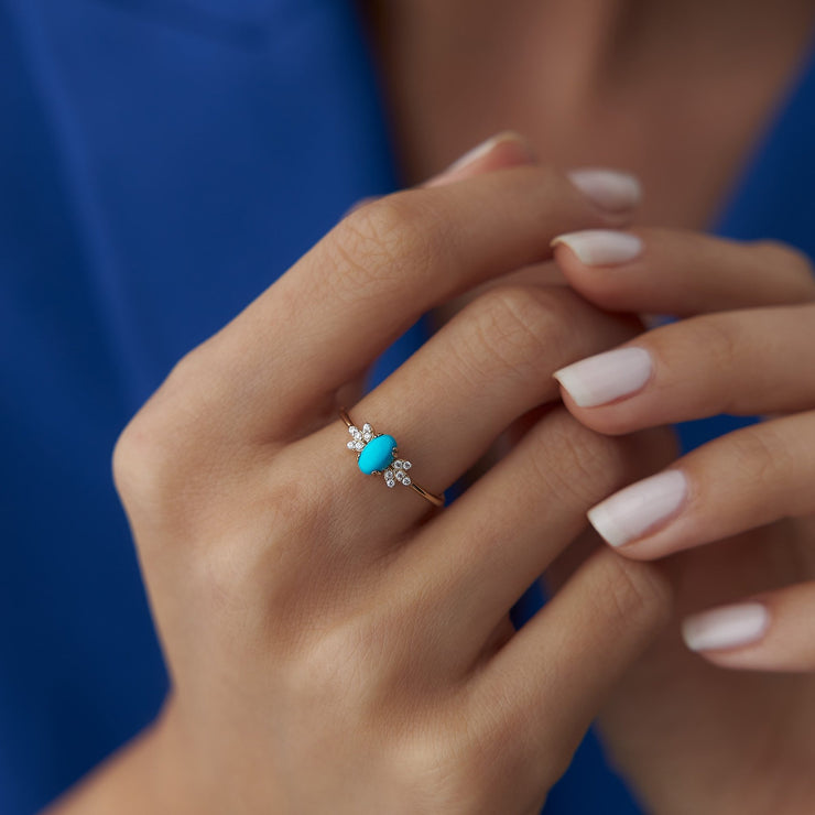 14k Gold Turquoise Stone Lotus Ring