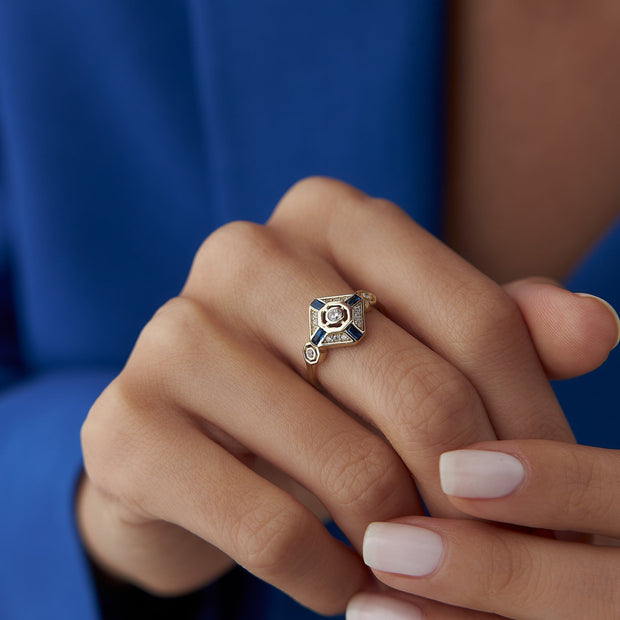 14k Gold Sapphire Blue Shield Ring