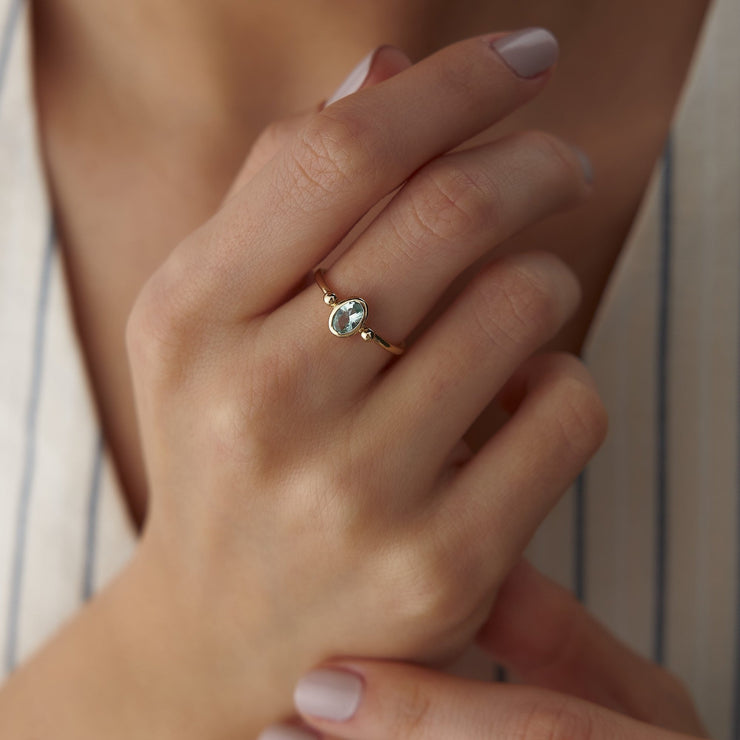 14k Gold Oval Aquamarine Blue Ring