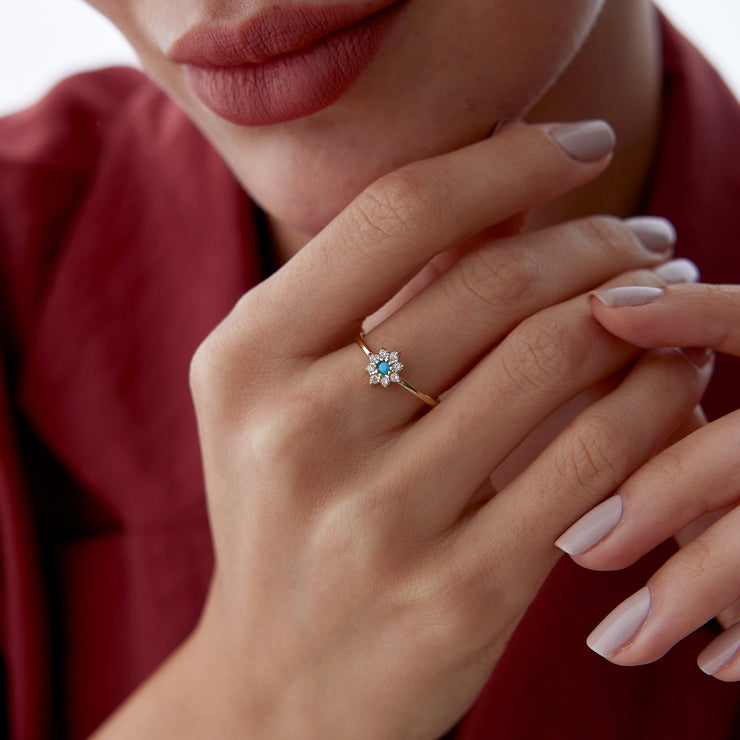 14k Gold Turquoise Flower Ring
