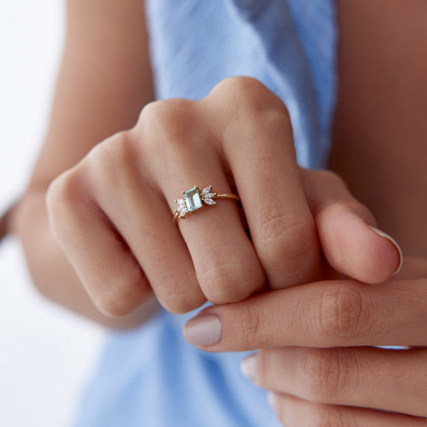 14k Gold Aquamarine Lotus Ring
