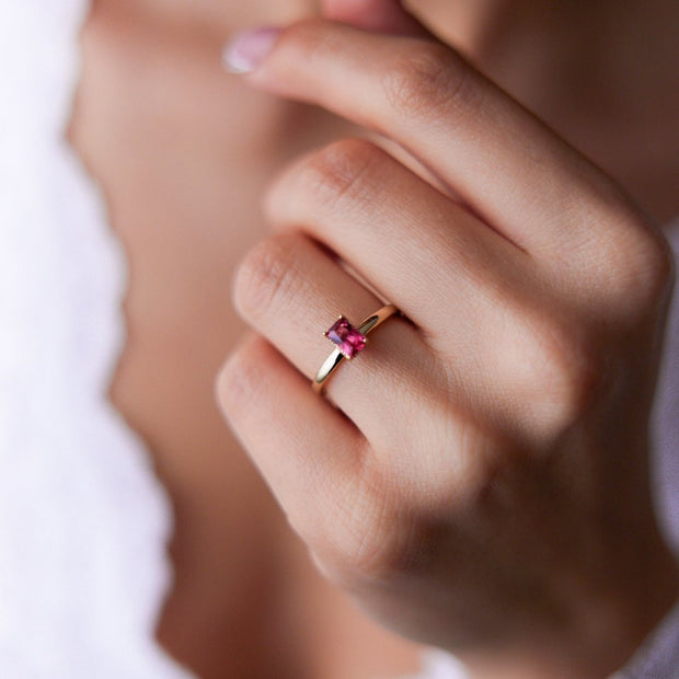 14k Gold Pink Tourmaline Mini Baguette Ring