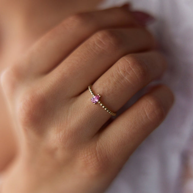 14k Gold Pink Tourmaline Teardrop Ball Plate Ring