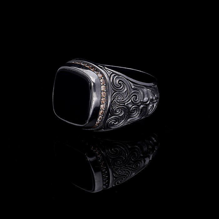 Men’S Sterling Silver Onyx Stone Rodium Plated Ring