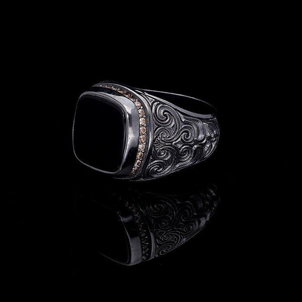Men’S Sterling Silver Onyx Stone Rodium Plated Ring