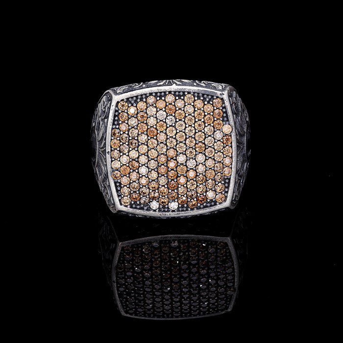 Men’S Sterling Silver Champagne Stone Pencil Embroidered Ring