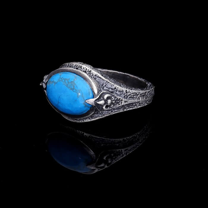 Men’s Sterling Silver Fleur De Lys Detai̇l Turquoi̇se  Stone Ri̇ng