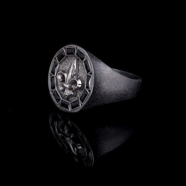 Men’s Sterling Silver Black Baget Stone Fleur de Lys Patterned Ring