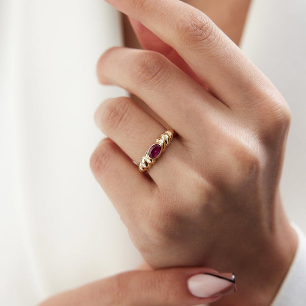 14k Gold Garnet Spiral Ring