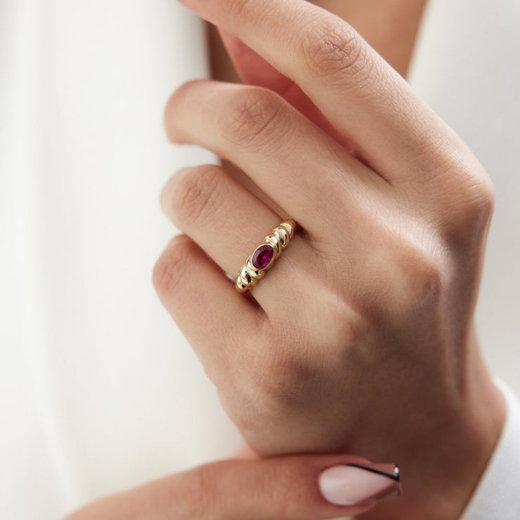 14k Gold Garnet Spiral Ring