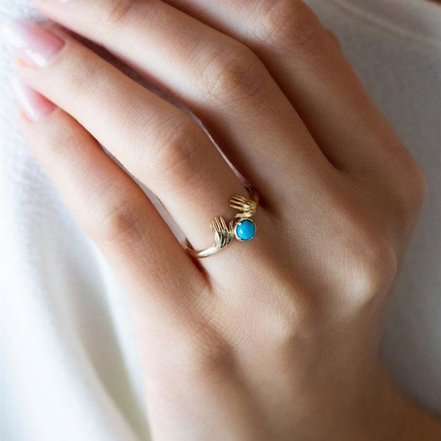 14k Gold Turquoise Stone Hand Ring
