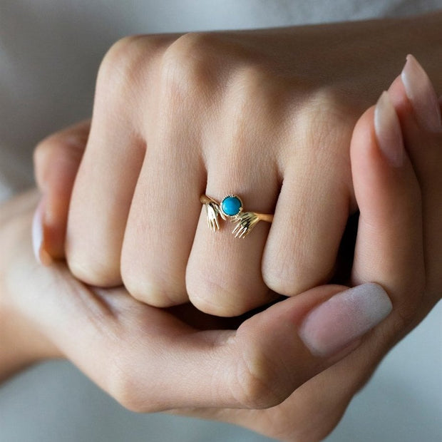 14k Gold Turquoise Stone Hand Ring