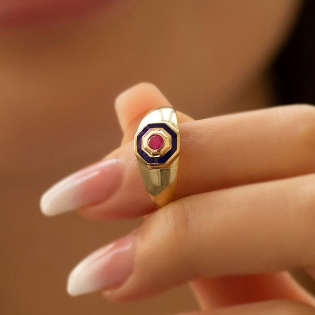 14k Gold Hexagon Ruby Colored Ring