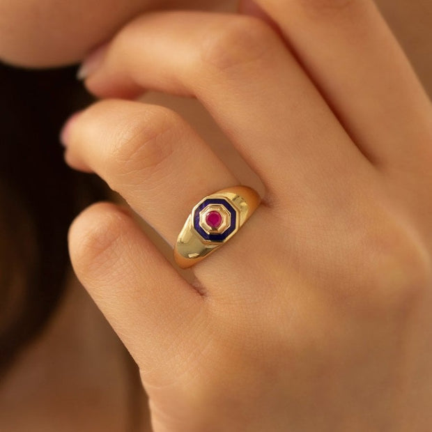 14k Gold Hexagon Ruby Colored Ring