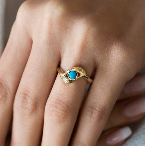 14k Gold Turquoise Stone Holding Hand Ring