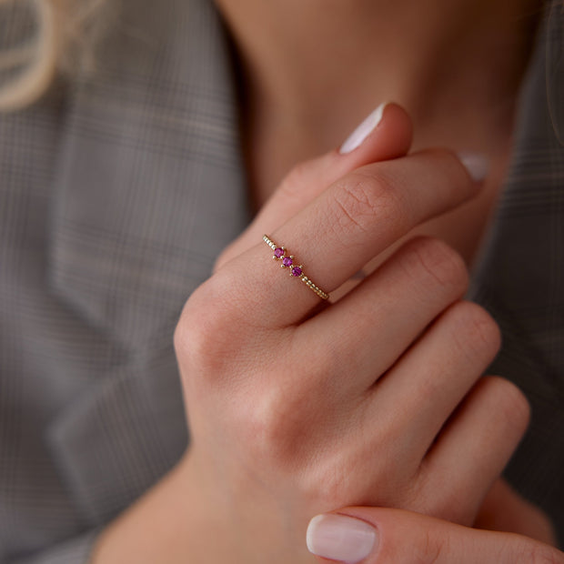 14k Gold Tria Fuchsia Stone Ring