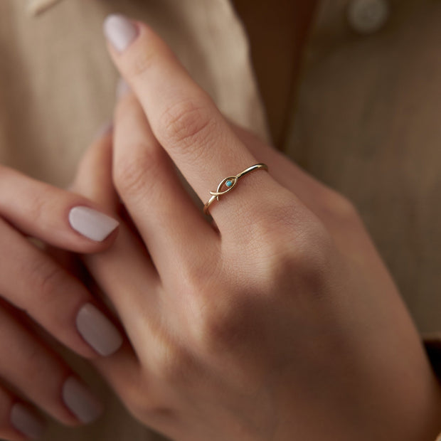 14k Gold Turquoise Fish Ring
