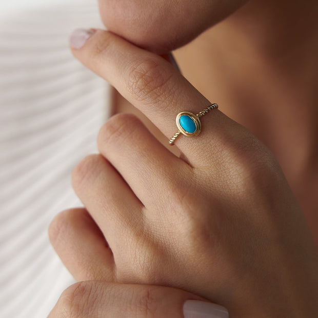 14k Gold Turquoise Stone Spiral Ring
