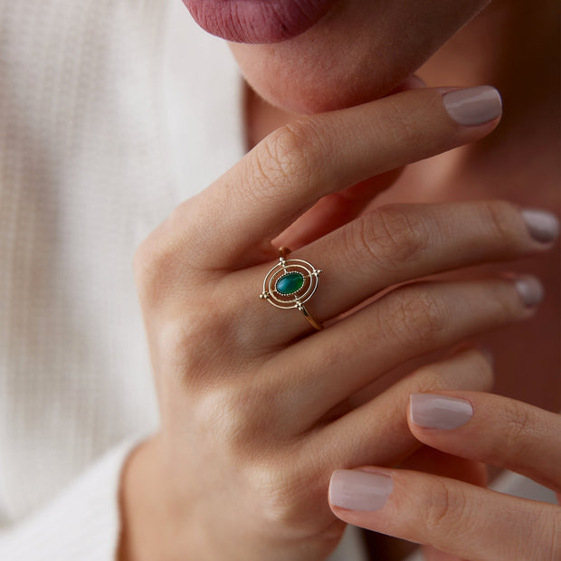 14k Gold Light Green Compass Ring