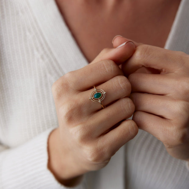 14k Gold Light Green Compass Ring