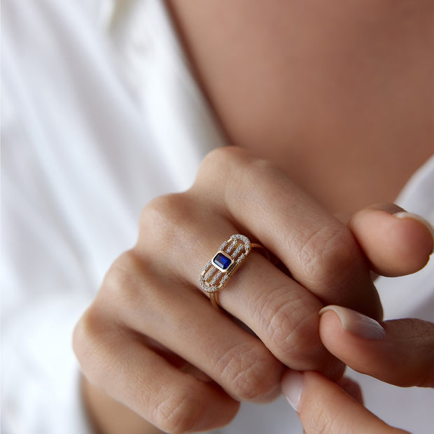 14k Gold Sapphire Blue Plate Ring