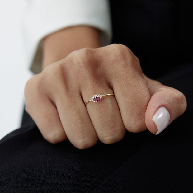 14k Gold Pink Tourmaline Eyelash Eye Ring